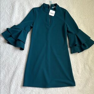 Green Sheath Dress with Bell Sleeves and Mock Neck for Cocktail
